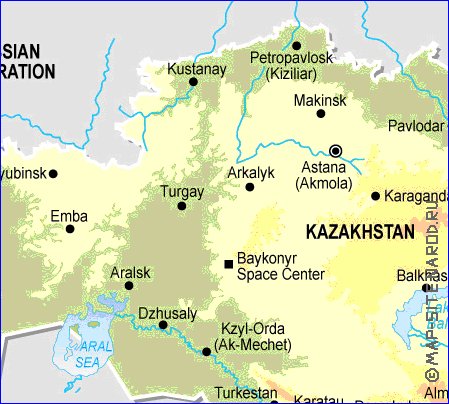 Physique carte de Kazakhstan en anglais