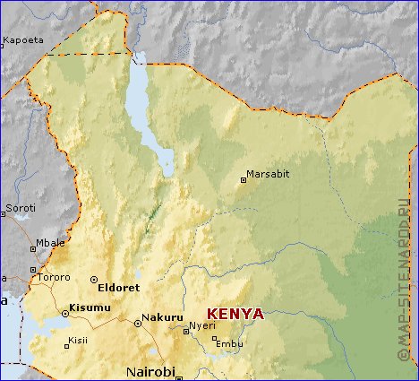 Physique carte de Kenya en anglais