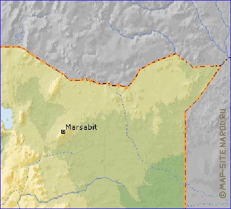 Physique carte de Kenya en anglais