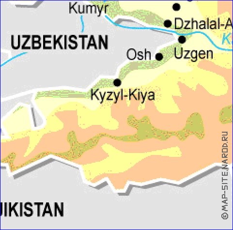 Physique carte de Kirghizistan en anglais
