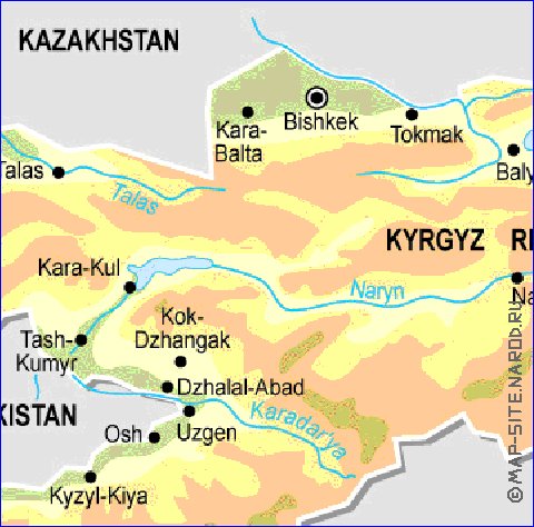 Physique carte de Kirghizistan en anglais