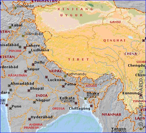 Fisica mapa de Republica Popular da China em ingles